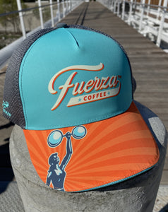 Front of hat with Fuerza logos. 
